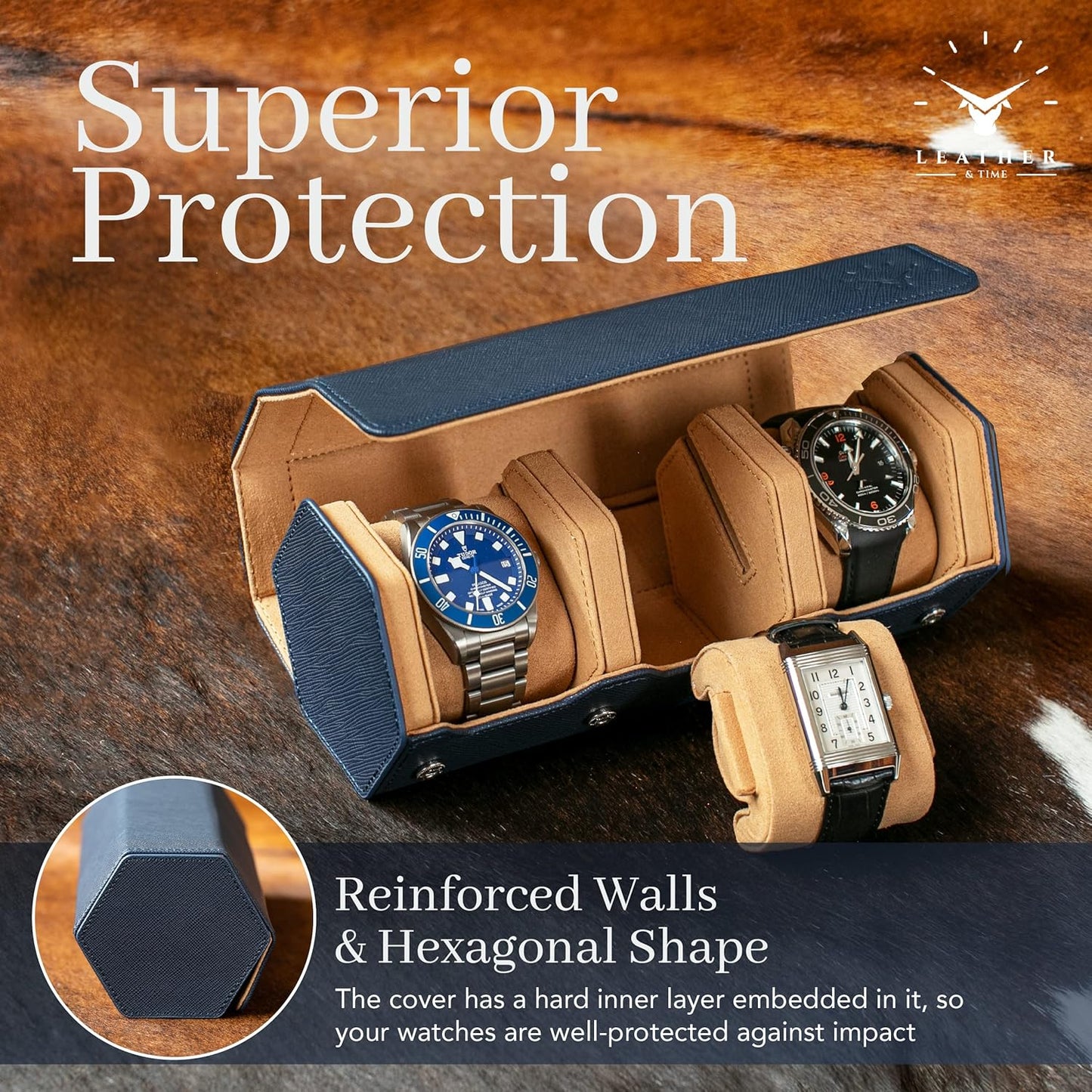 Leather Watch Case - 3 Slot Luxury Watch Leather Watch Roll - Mens Watch Holder Organizer - Durable & Portable Watch Roll Travel Case for Men & Women - Blue