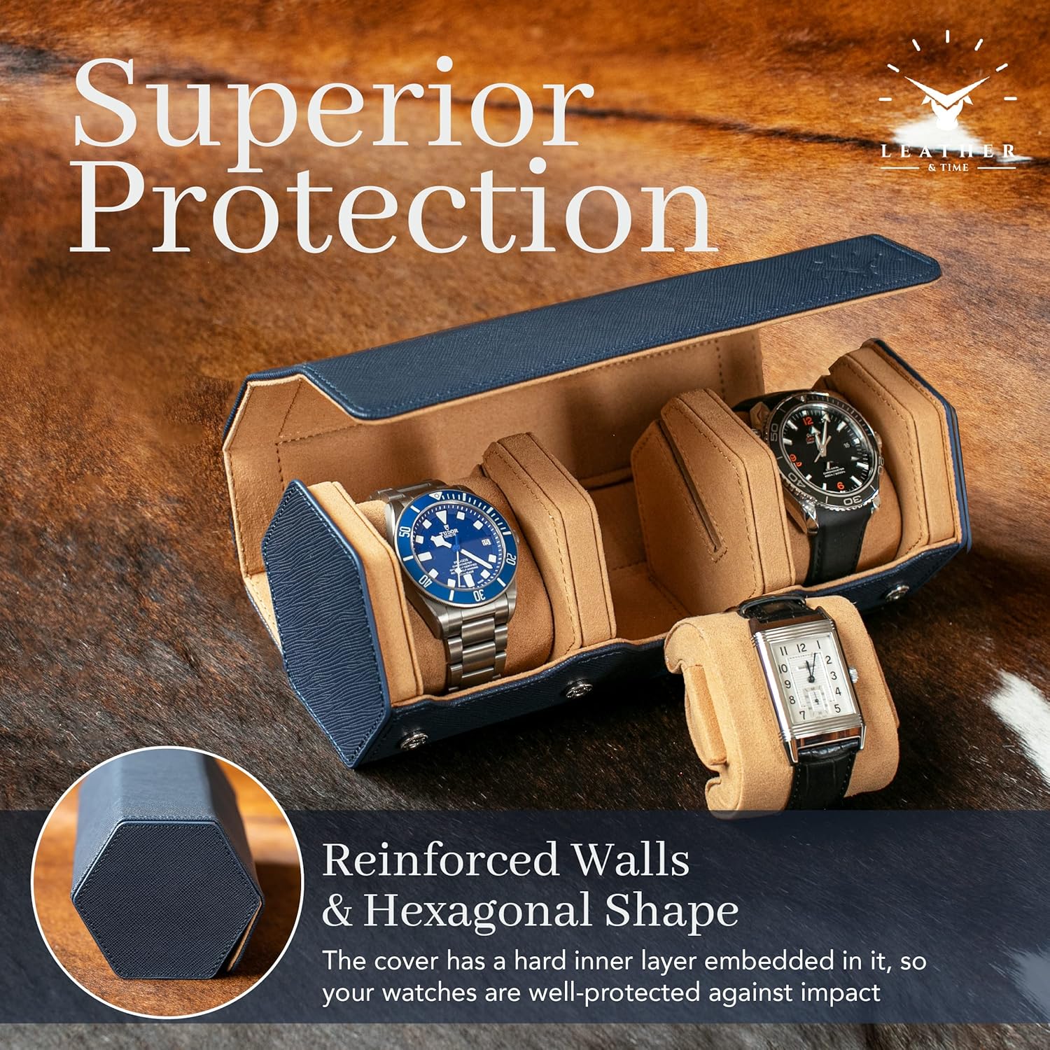 Leather Watch Case - 3 Slot Luxury Watch Leather Watch Roll - Mens Watch Holder Organizer - Durable & Portable Watch Roll Travel Case for Men & Women - Blue