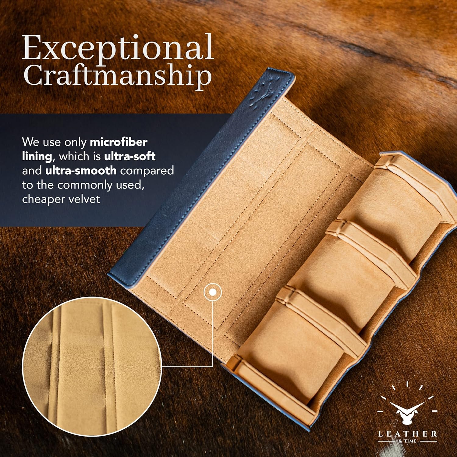 Leather Watch Case - 3 Slot Luxury Watch Leather Watch Roll - Mens Watch Holder Organizer - Durable & Portable Watch Roll Travel Case for Men & Women - Blue