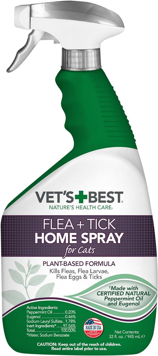 Flea and Tick Home Spray for Cats - Flea Treatment for Cats and Home - Plant-Based Formula - Certified Natural Oils - 32 Oz