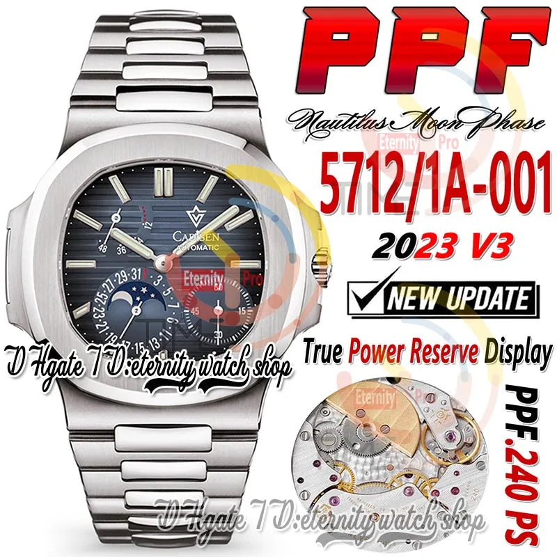 PPF V3 Moon Phase Date 5712/1A-001 PP240 Automatic Mens Watch (True Power Reserve Display) Blue Texture Dial Stainless Steel Bracelet Super Edition Eternity Watches