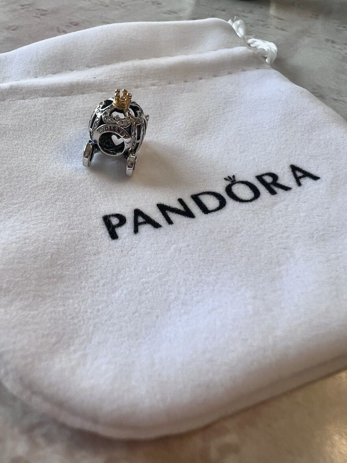 Authentic PANDORA Silver Cinderella Sparkling Carriage🎃 Charm💗 Flannelette Bag