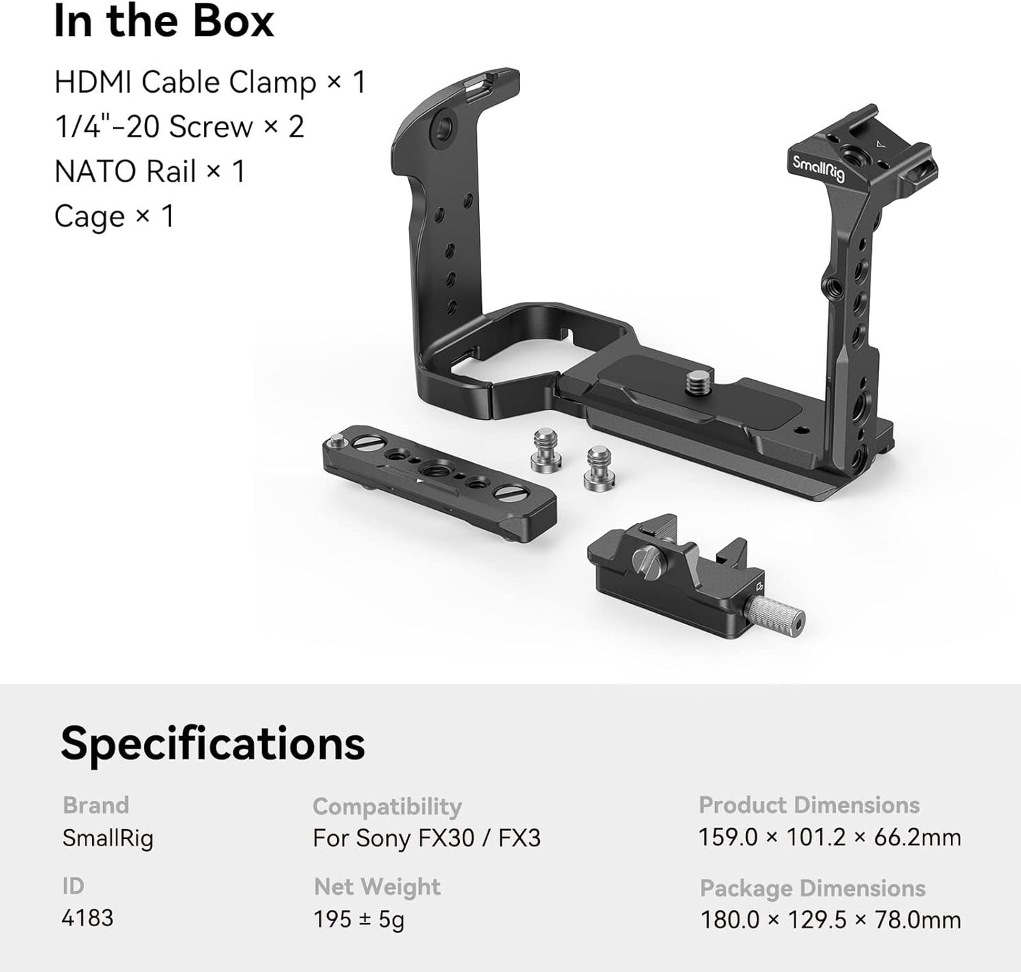 Cage for Sony FX30 FX3 with Cable Clamp for HDMI, Classic Bright Black Surface, Included Cold Shoe and NATO Rail, Modular Design Compatible with Original XLR Handle - 4183