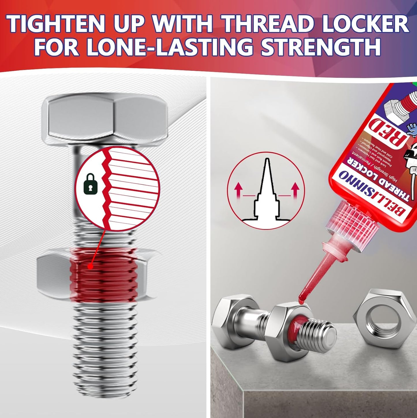 Thread Lock Blue and Red, Medium and Strong Strength Threadlocker, Thread Locker for Nuts, Bolts, Fasteners and Metals, Anaerobic Curing Screw Glue to Prevent Loosening (Blue and Red)