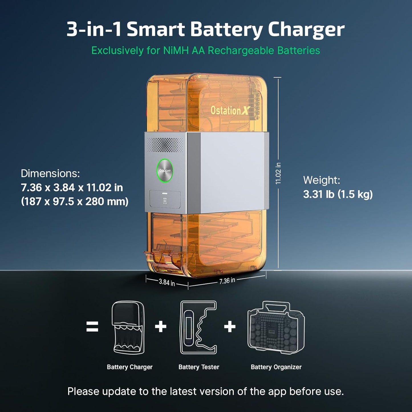 Ollght Ostation X Battery Charger Exclusively for Nimh AA Rechargeable Batteries, 3 in 1 Automatic Design for Charging, Testing & Storage, No Polarity Check Needed, Bad Battery Detection, APP Control