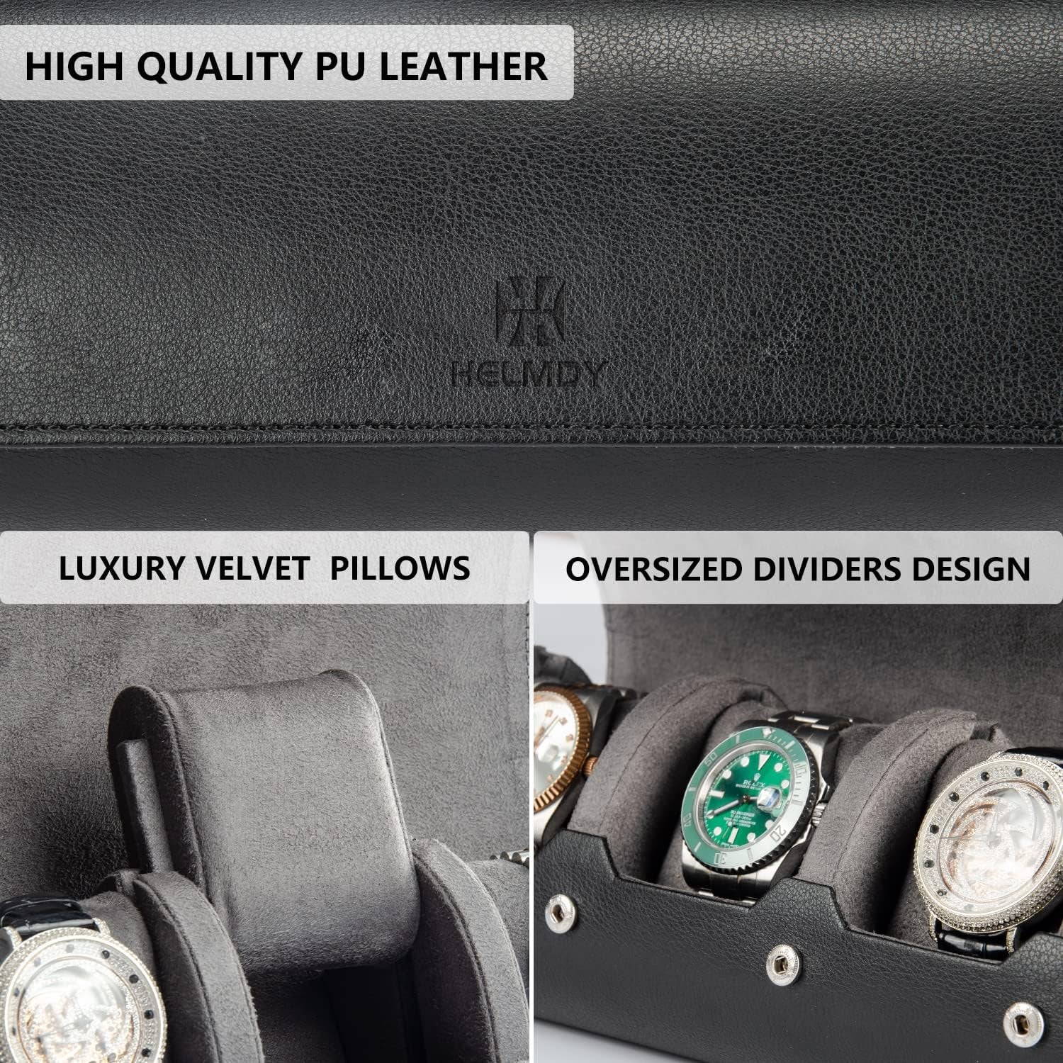 Watch Travel Case for Men: 3 Slot Watch Box Organizer Display Case - Portable Watch Storage & Travel Case - Watch Roll Fits All Wrist Watches & Smart Watches up to 50Mm (Black)