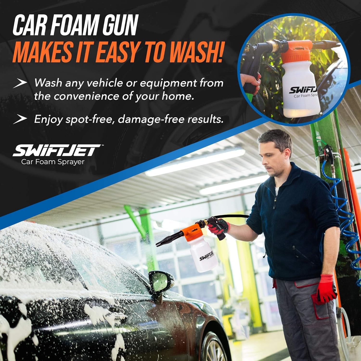 Car Wash Foam Gun + Microfiber Wash Mitt - Car Foam Sprayer - Car Wash Kit - Foam Cannon Garden Hose - Spray Foam Gun Cleaner - Car Accessories for Men - Snow Foam Blaster