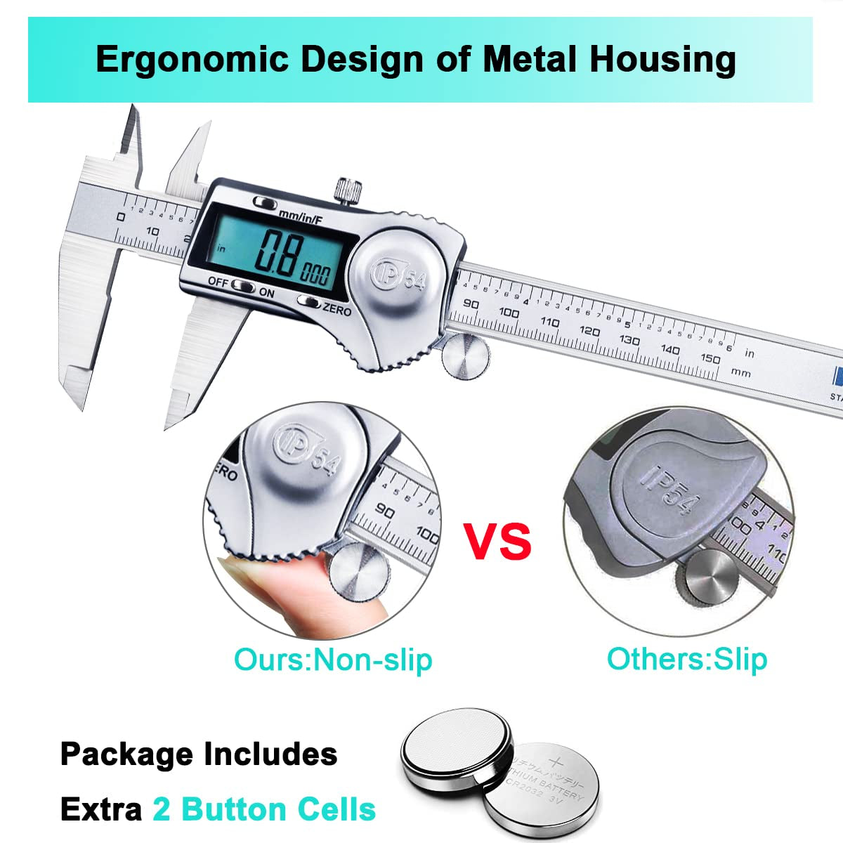 Digital Caliper, Calipers 6 Inch Measuring Tool with Stainless Steel, IP54 Splash Proof Protection Design, Easy Switch from Inch Metric Fraction, Large LCD Screen (150Mm)