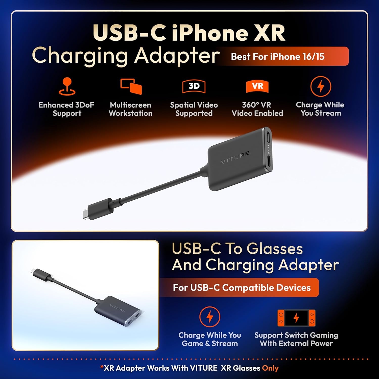 USB- C XR Charging Adapter for Iphone 16/15, Enabling Multi-Screen, Enhanced 3Dof, Spatial 3D, VR Video Features, Fits Iphone 16/15, Charge and Play for Other Devices