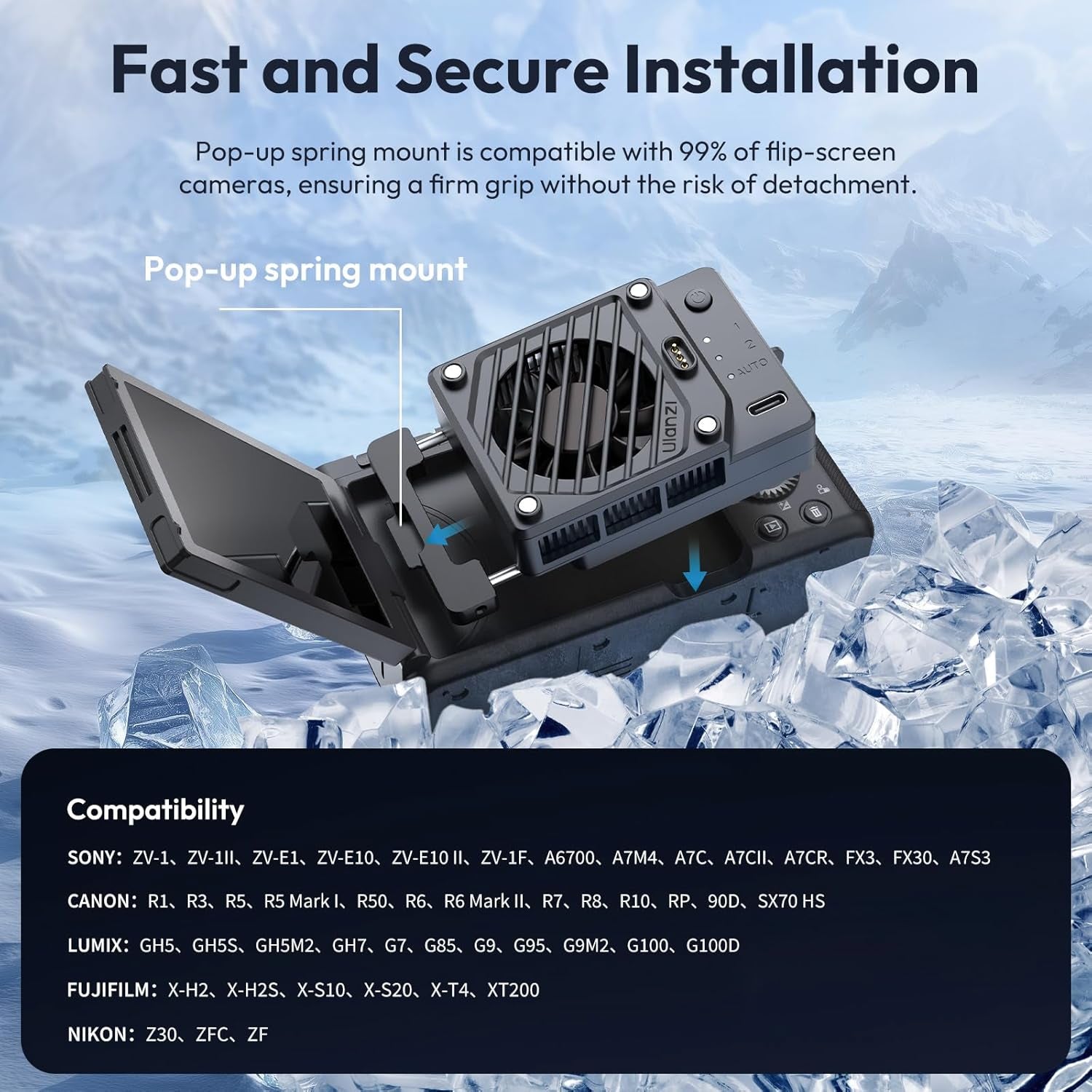 CU01 Camera Cooler Kit for DSLR & Mirrorless, Semiconductor Cooling Fan with 3000Mah Magnetic Rechargeable Battery, 3 Speeds, Auto Temp Control, High-Performance Cooling for Video Recording