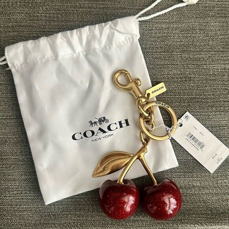 Authentic Coach Cherry Charm Keychain Glitter Resin and Metal Brass/Red Apple