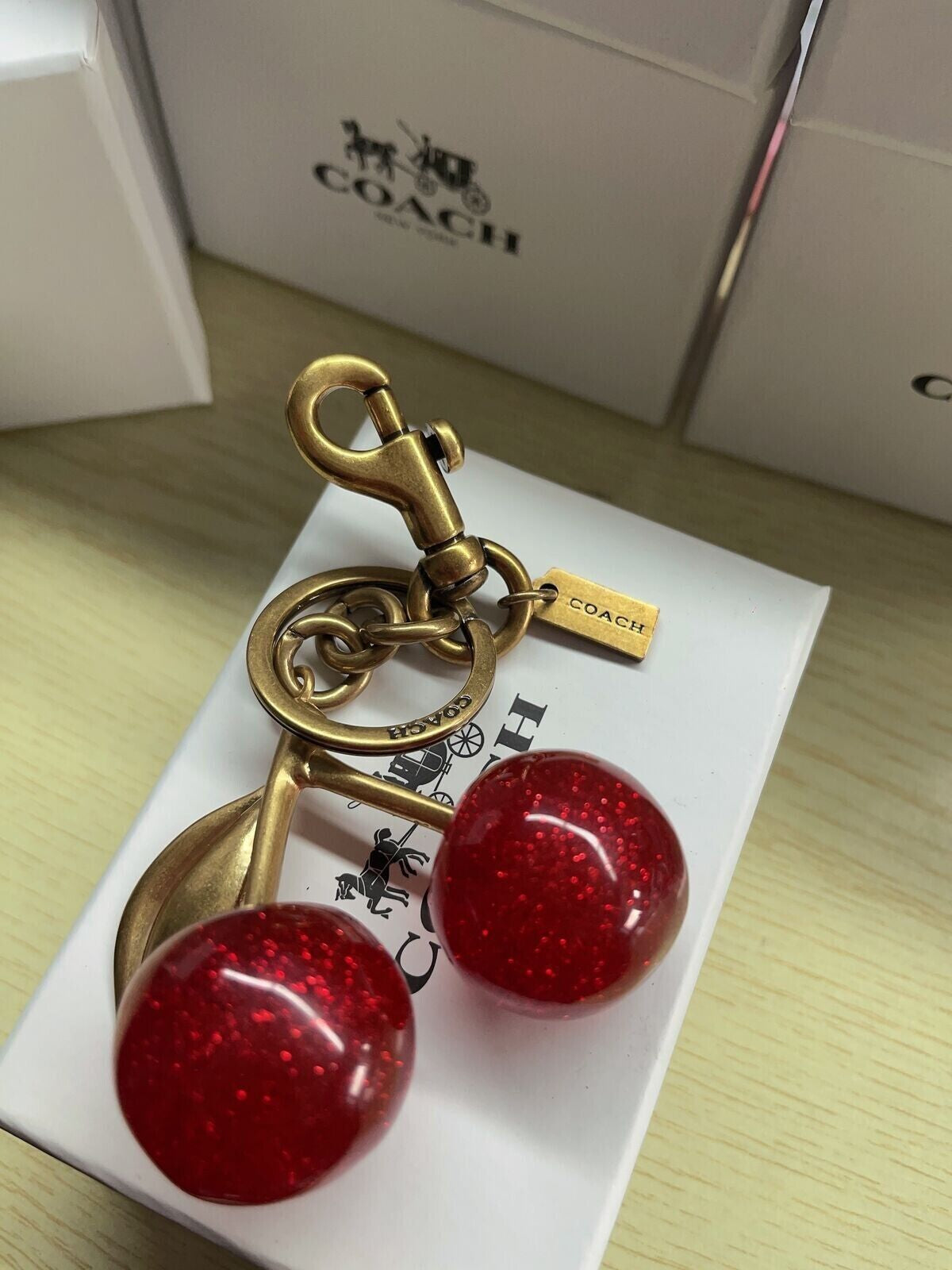 Authentic Coach Cherry Charm Keychain Glitter Resin and Metal Brass/Red Apple