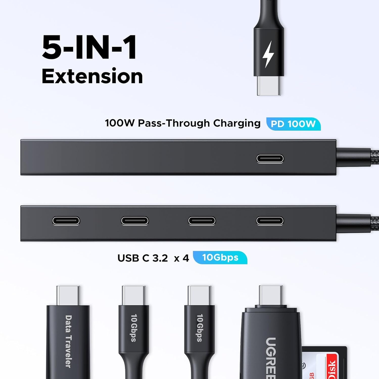 Powered 100W 10Gbps USB C Hub - 5 in 1 Adapter with 4 USB-C, 100W PD Ports for Macbook/Air, Ipad Pro, Iphone, Surface, Laptops and More