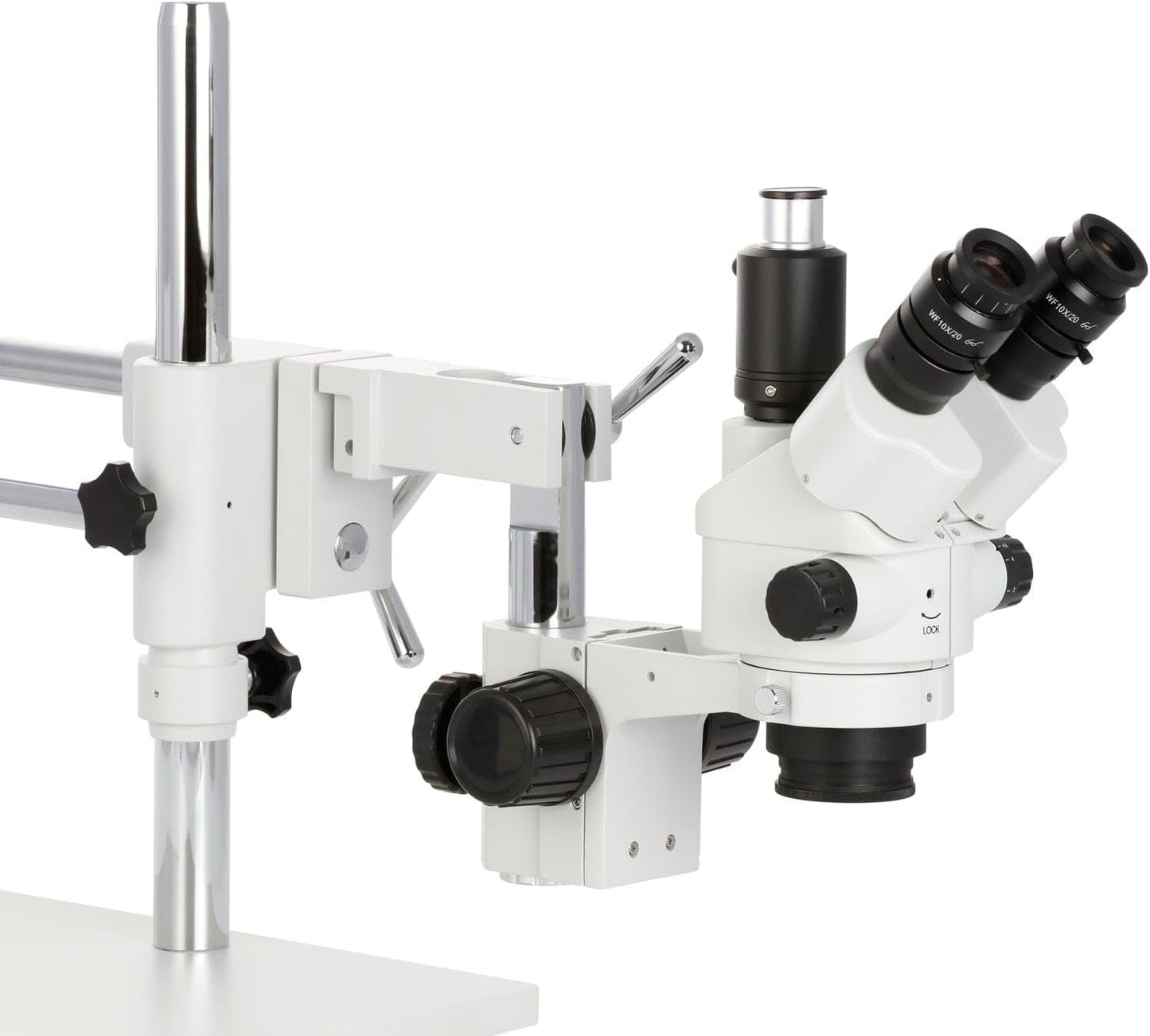 - SM-4NTP 7X-45X Simul-Focal Stereo Lockable Zoom Microscope on Dual Arm Boom Stand