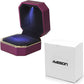 Luxury Ring Box, Square Velvet Wedding Ring Case Jewelry Gift Box with LED Light for Proposal Engagement Wedding, Purple