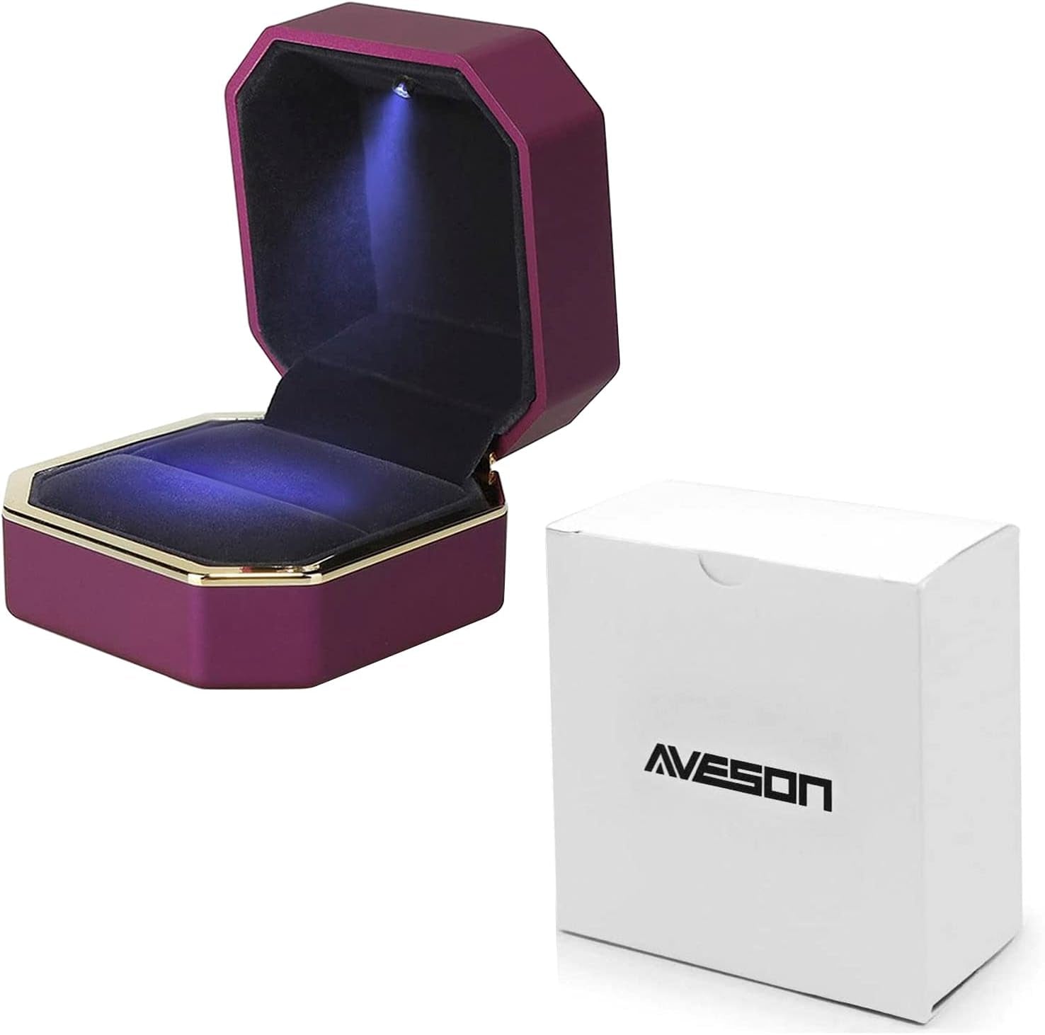 Luxury Ring Box, Square Velvet Wedding Ring Case Jewelry Gift Box with LED Light for Proposal Engagement Wedding, Purple