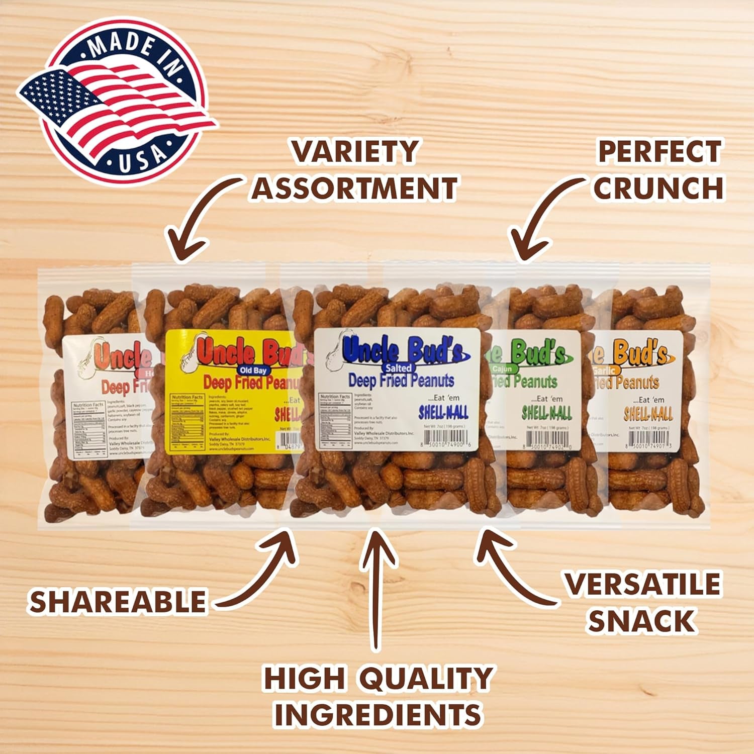 Uncle Bud'S Deep Fried Peanuts in Shell (5 Pack), Peanuts Individual Packs: Salted, Cajun, Garlic, Hot, Old Bay, Bacon BBQ, Crunchy Flavored Peanut Variety Pack, Spicy Peanuts, Hot Peanuts in Shell