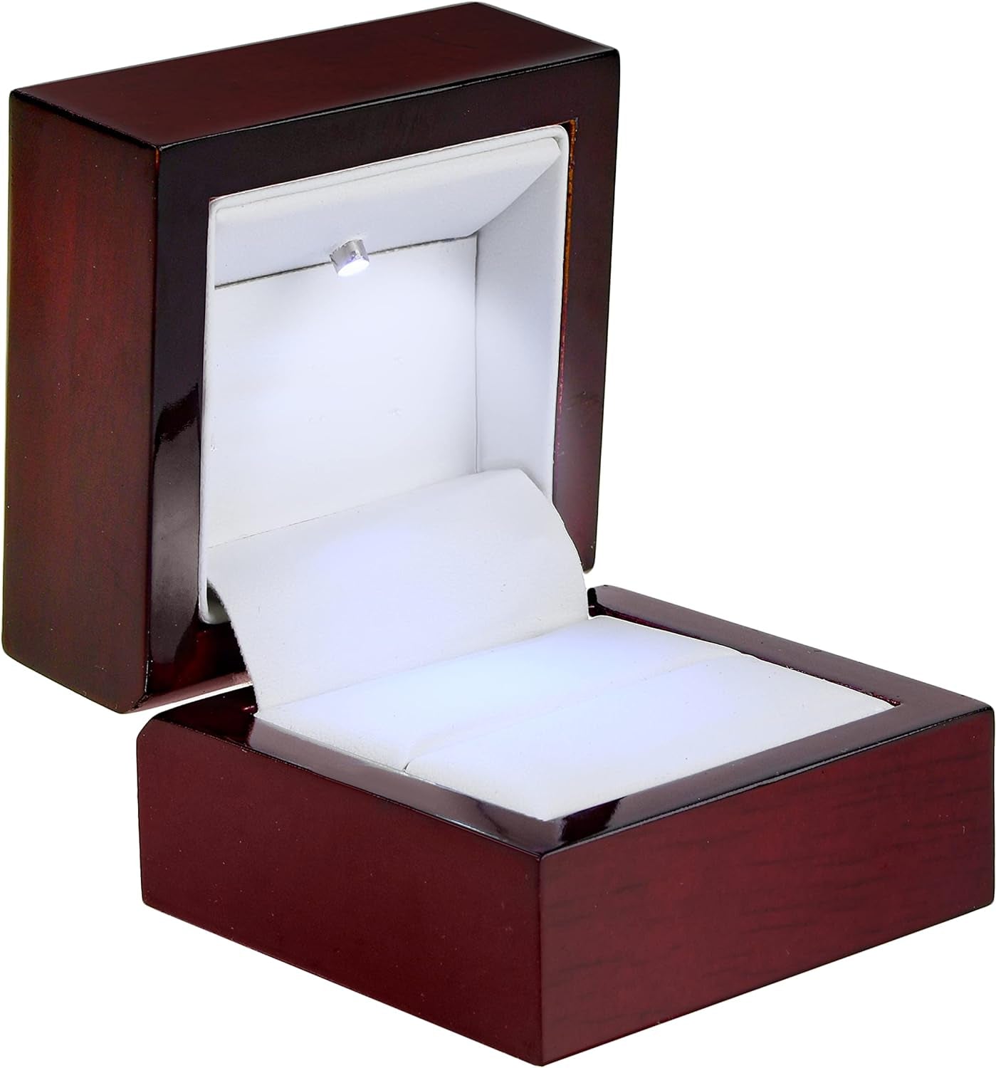 Allure - Luxury Ring Box with LED Light, Authentic Mahogany Wood with Black Leatherette Insert, Square Elegant Diamond Ring Case, for Unique Proposal or Wedding, Small Jewelry Display Gift Box.