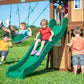 Lakewood Cedar Wood Swing Set, Covered Upper Deck with White Trim Window, Slide with Rails, Lower Fort Area with Door and Attached Bench, Swing Belts, Trapeze Bar, Stair Ladder