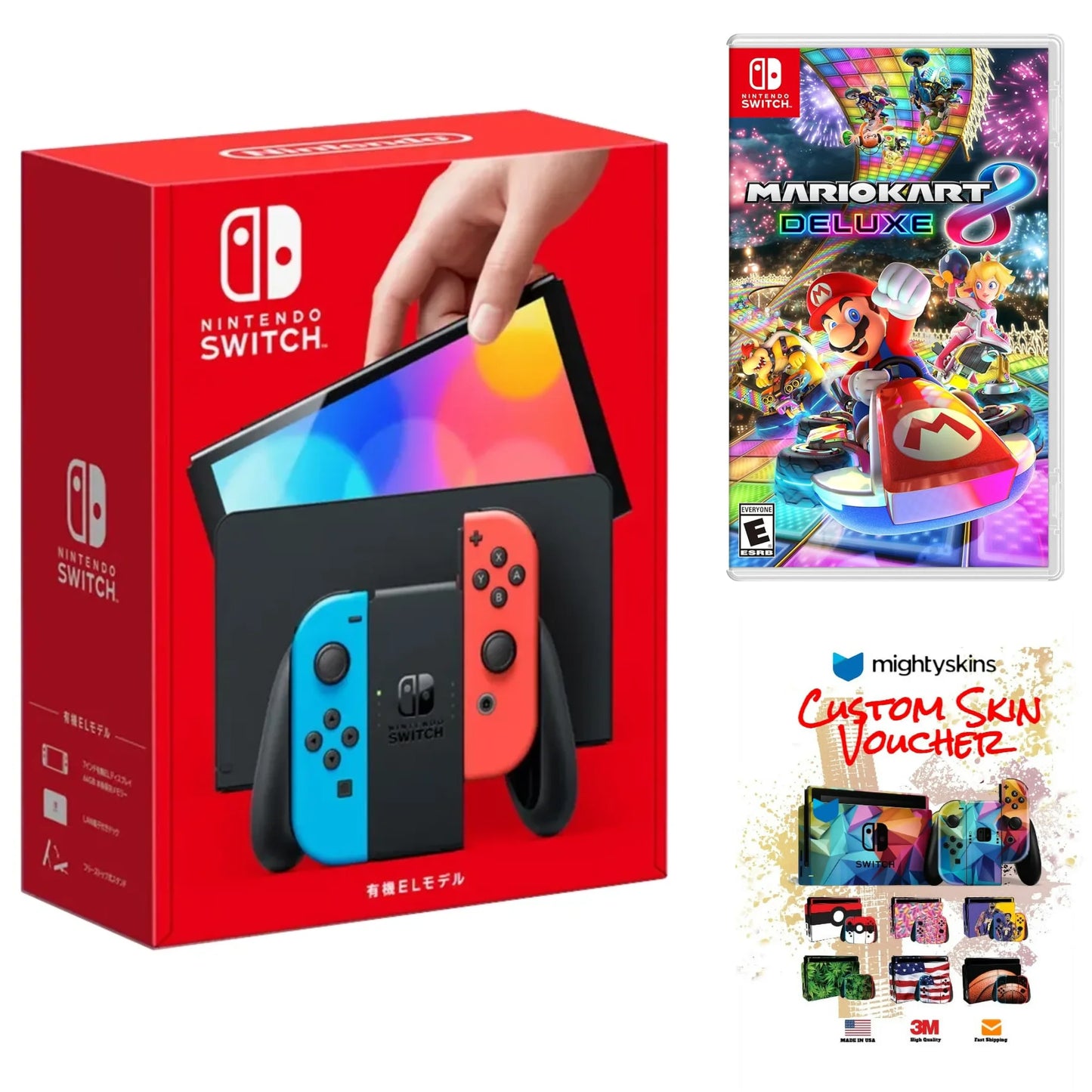 Switch OLED Neon Red/Blue Edition Bundle with Mario Kart 8 Deluxe Game + Mightyskins Voucher – (JP Edition) - Japan Import with US Plug