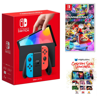 Switch OLED Neon Red/Blue Edition Bundle with Mario Kart 8 Deluxe Game + Mightyskins Voucher – (JP Edition) - Japan Import with US Plug