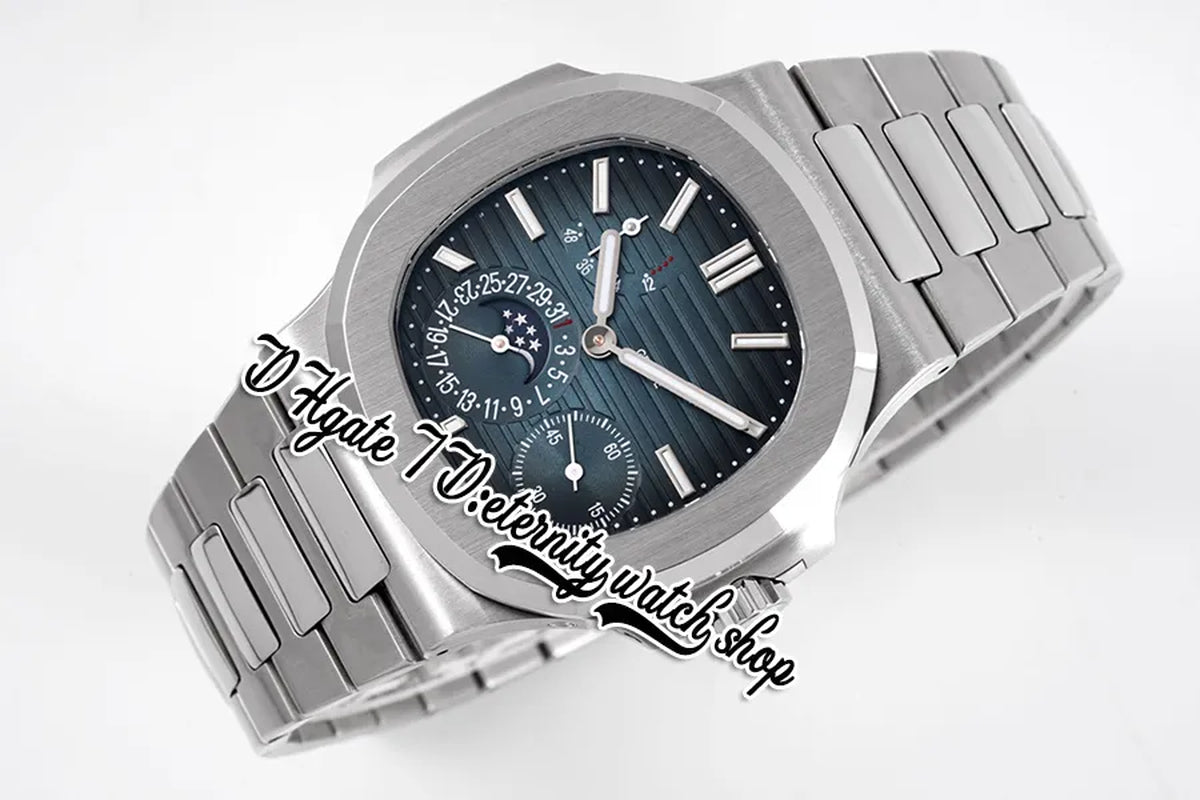 PPF V3 Moon Phase Date 5712/1A-001 PP240 Automatic Mens Watch (True Power Reserve Display) Blue Texture Dial Stainless Steel Bracelet Super Edition Eternity Watches