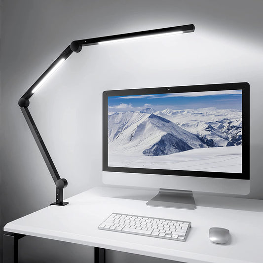 LED Desk Lamp with Clamp, Dual Light Desk Lamp with Swing Arm, 4 Color Modes & 4 Brightness Metal Table Lamp, Eye-Caring Clip-On Lamp with Memory Function for Home Office Work Study