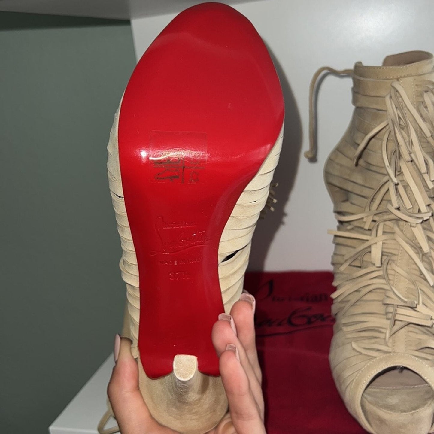 Christian Louboutin Tan Suede Beautiful Fringe Lace-Up Heels, Size 37 1/2. NWOT