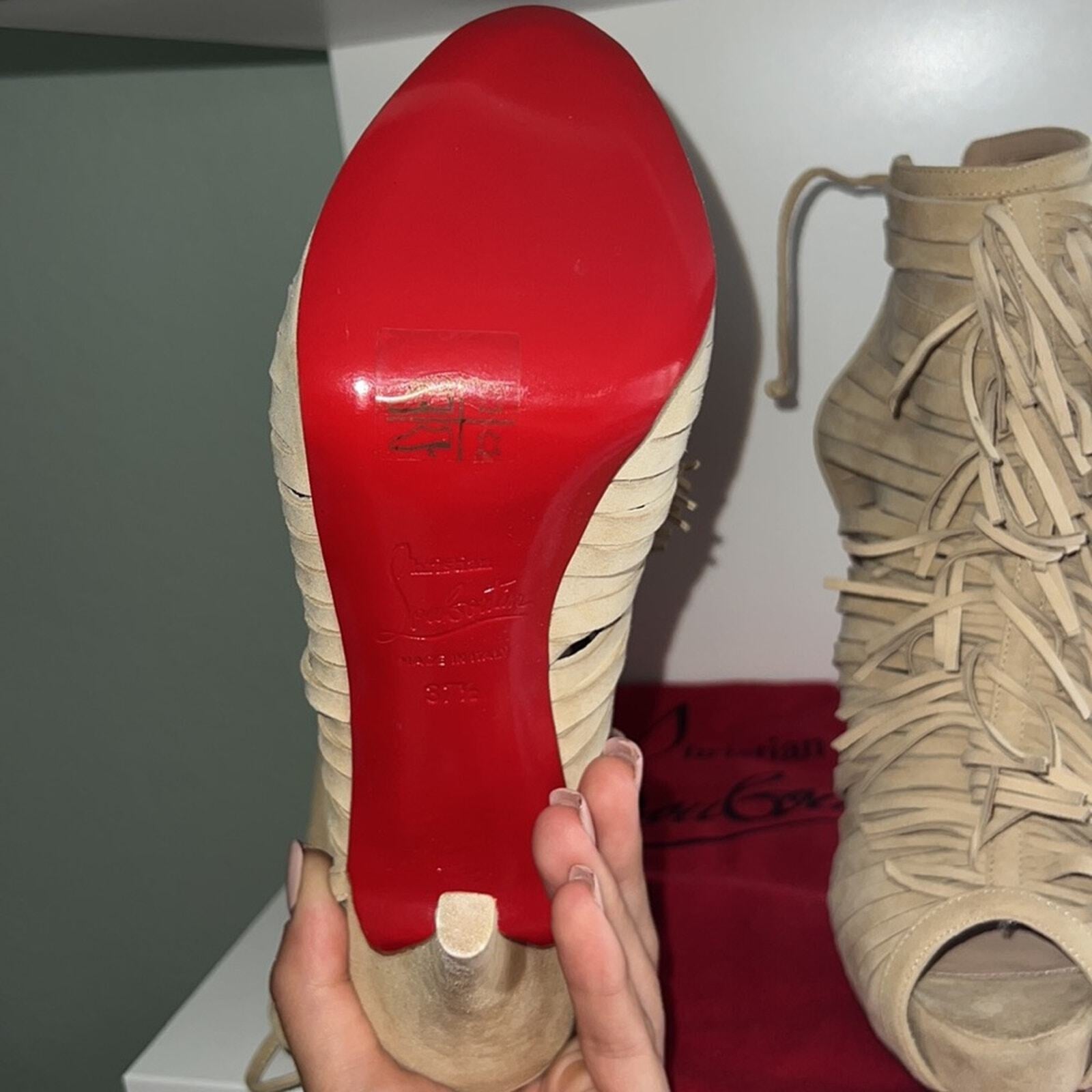 Christian Louboutin Tan Suede Beautiful Fringe Lace-Up Heels, Size 37 1/2. NWOT