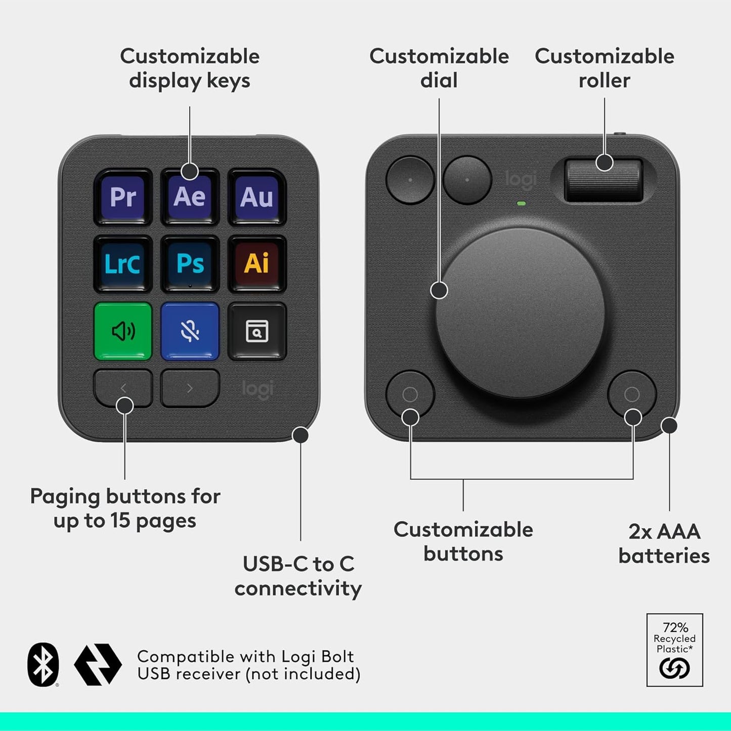 MX Creative Console - 9 Customizable LCD Keys, Control Dial for Graphic Design, Video Editing, Control Adobe, Zoom, Spotify and More - Graphite, with 3-Month Adobe Creative Cloud Membership