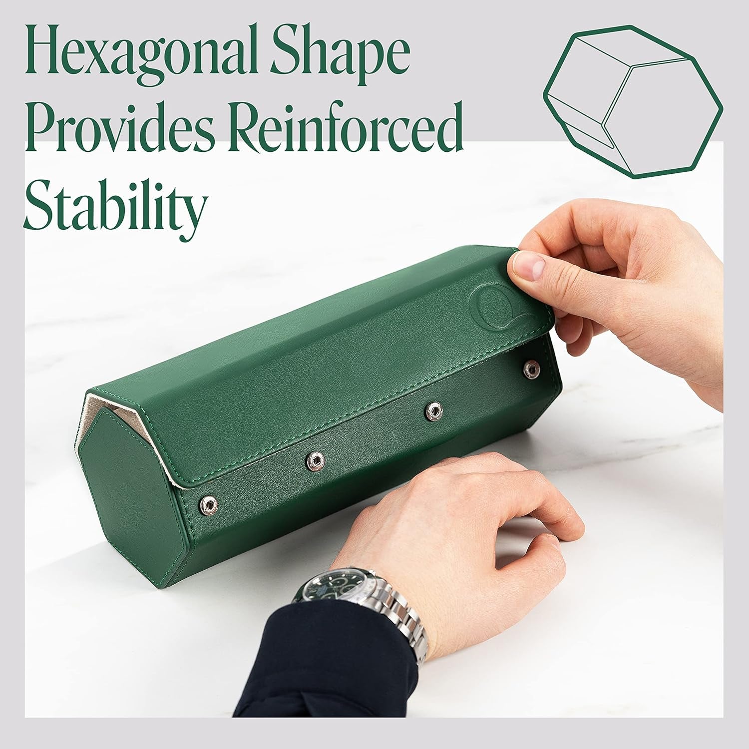 Napa Leather Watch Rolls for Men - Hexagon Triple Watch Roll Travel Case for 3 Watches - Storage Organizer Genuine Leather with Velvet Interior Display (Green/Cream)