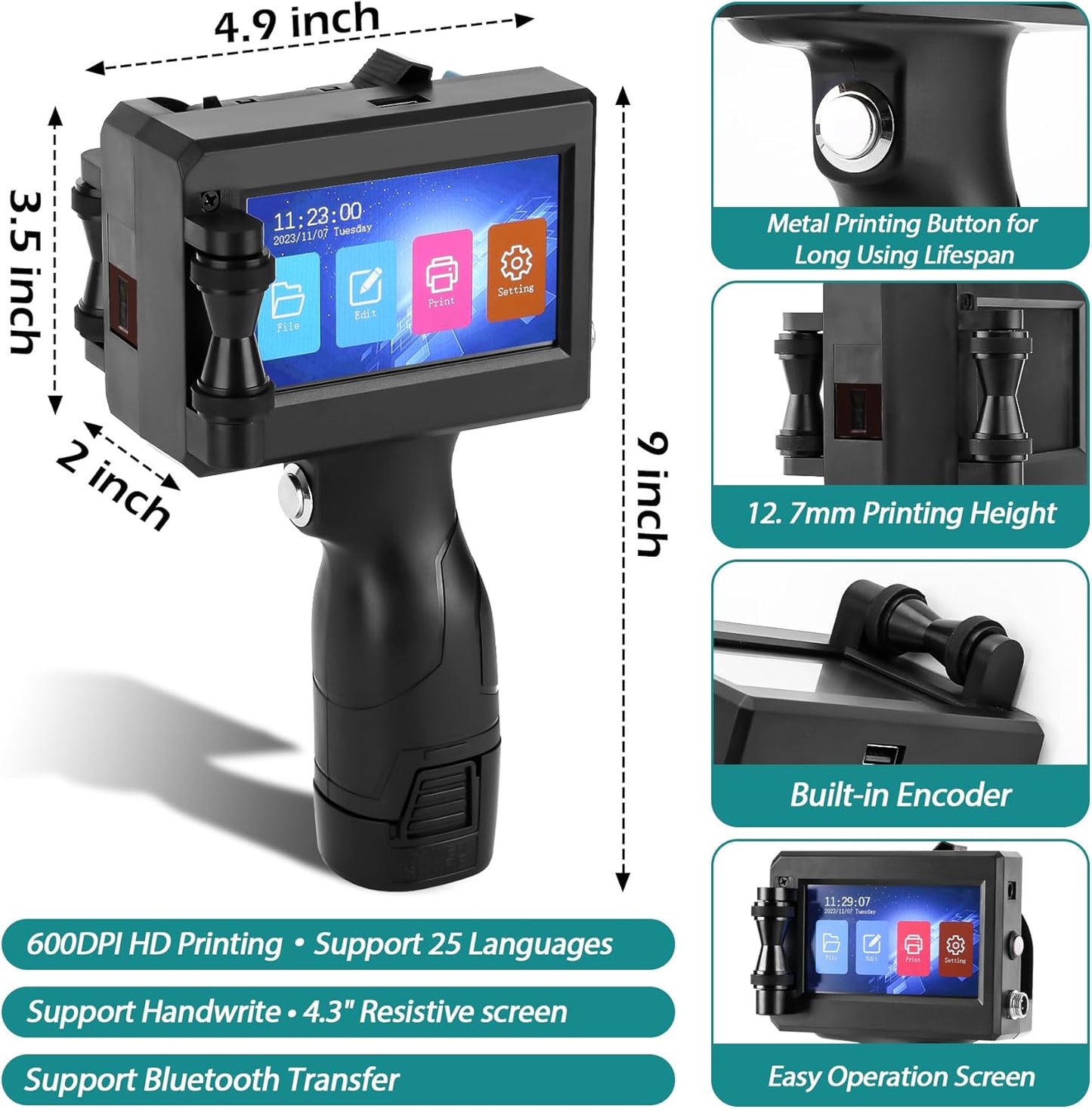 C10 Handheld Inkjet Printer Gun with Original Fast-Drying Ink Cartridge for Text Qrcode Barcode Batch Number Label Image Expiry Date Portable Printer for Any Surface (Non-Encrypted)