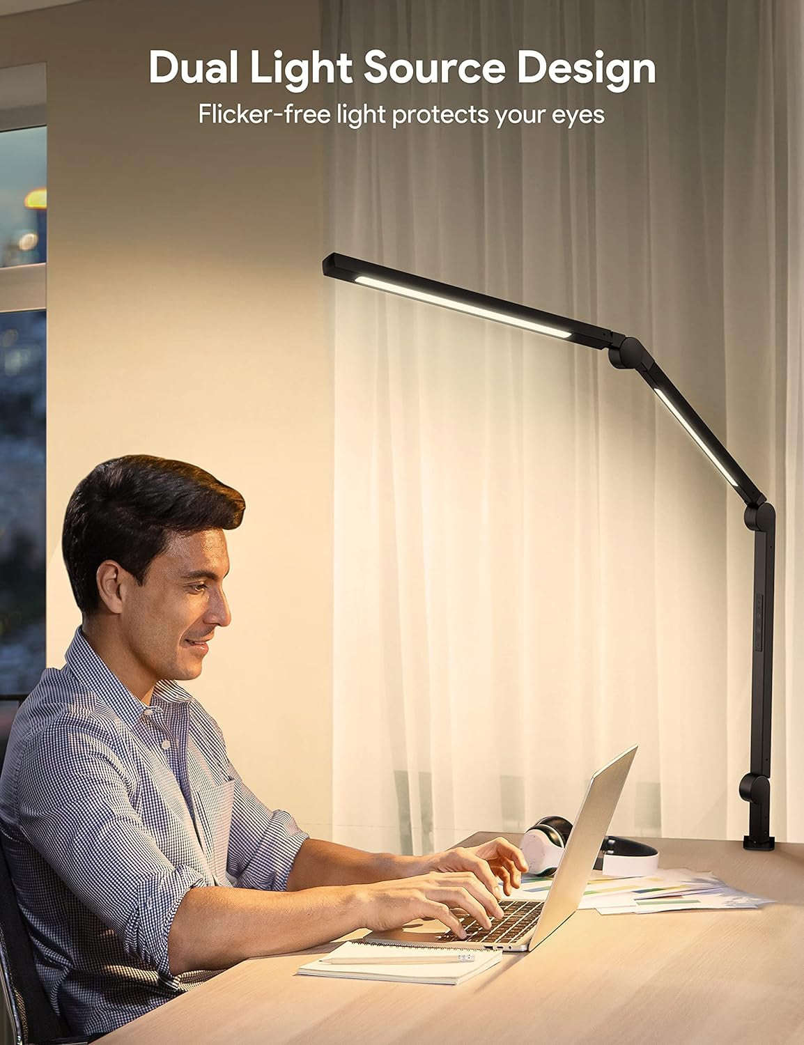 LED Desk Lamp with Clamp, Dual Light Desk Lamp with Swing Arm, 4 Color Modes & 4 Brightness Metal Table Lamp, Eye-Caring Clip-On Lamp with Memory Function for Home Office Work Study