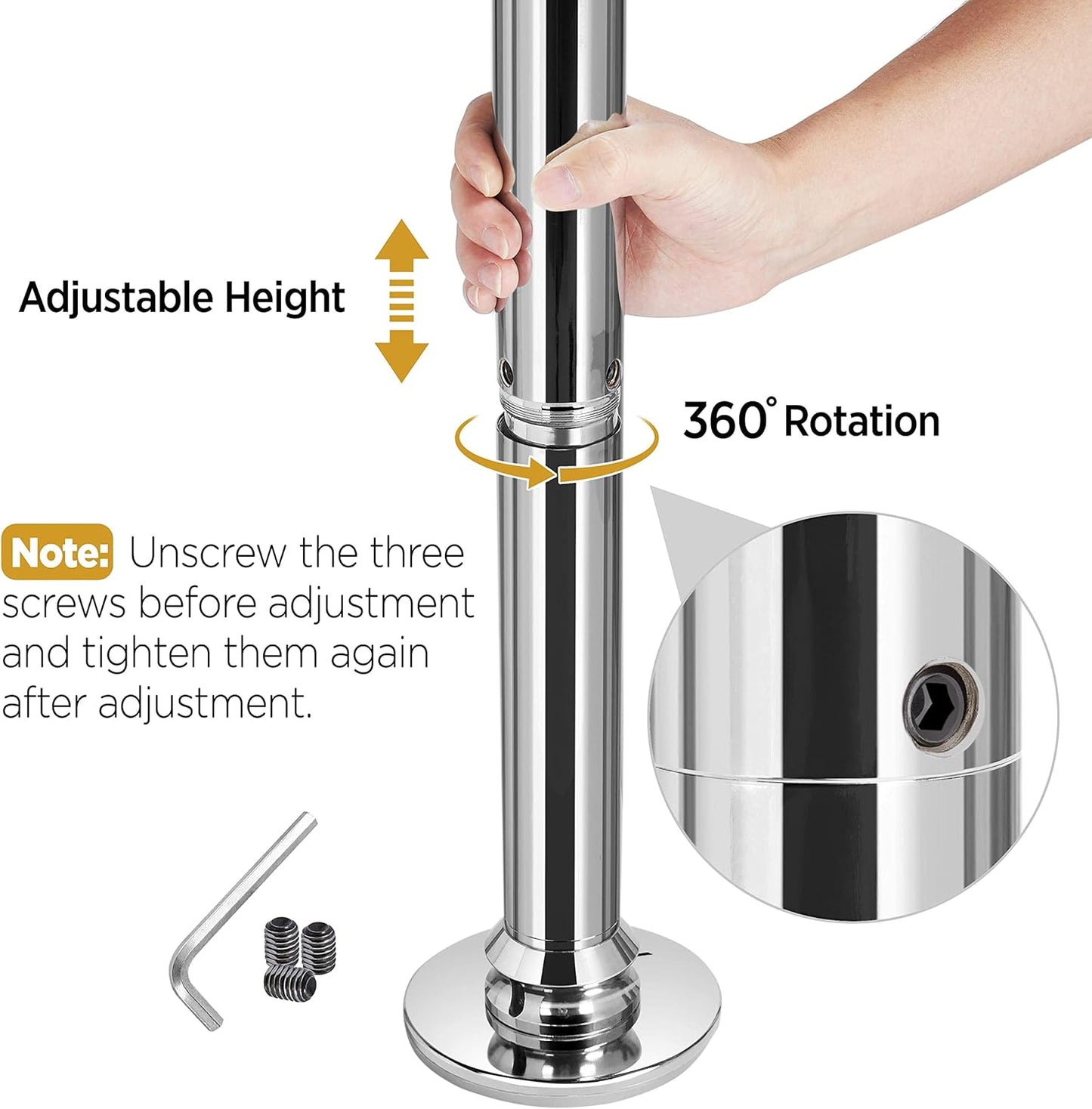 Dance Pole Spinning Static Dancing Pole Portable Removable for Home Club Bar Gym 44.5-108.3” Height Adjustable & Weight Capacity 500Lb, Silver/Gold