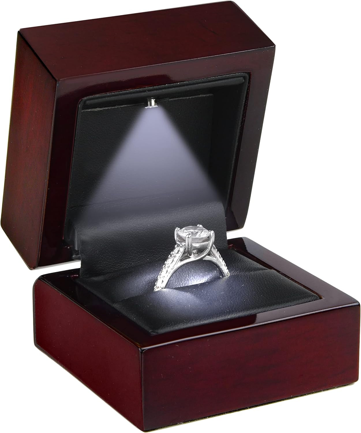 Allure - Luxury Ring Box with LED Light, Authentic Mahogany Wood with Black Leatherette Insert, Square Elegant Diamond Ring Case, for Unique Proposal or Wedding, Small Jewelry Display Gift Box.