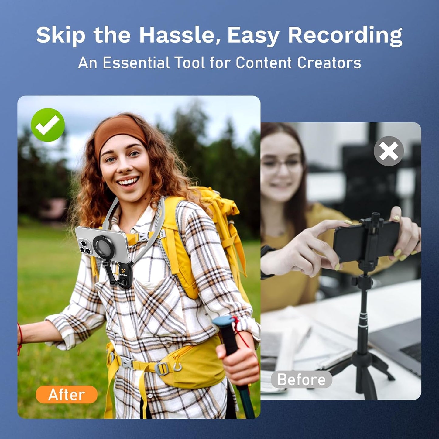 Neck Phone Holder for Recording, 700Mm Extended for Comfort, Hands-Free Pov/Vlog Magnetic Neck Mount with Anti-Shake Chest Strap, Content Creator Essential, Compatible with Iphone, Android, Gopro