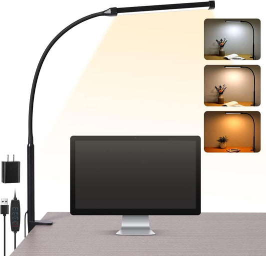 LED Desk Lamp with Clamp, Eye-Caring Clip on Lights for Home Office, 3 Modes 10 Brightness, Long Flexible Gooseneck,Metal, Swing Arm Architect Task Table Lamps with USB Adapter, Black