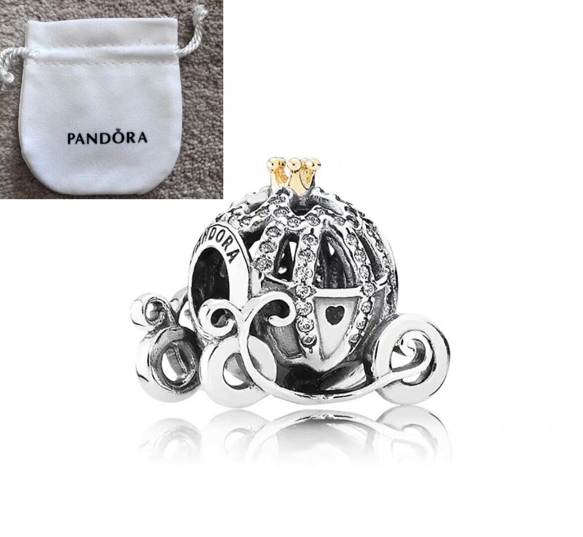 Authentic PANDORA Silver Cinderella Sparkling Carriage🎃 Charm💗 Flannelette Bag