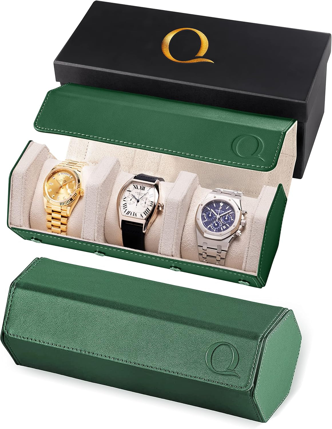 Napa Leather Watch Rolls for Men - Hexagon Triple Watch Roll Travel Case for 3 Watches - Storage Organizer Genuine Leather with Velvet Interior Display (Green/Cream)