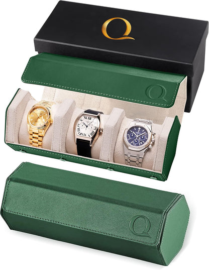 Napa Leather Watch Rolls for Men - Hexagon Triple Watch Roll Travel Case for 3 Watches - Storage Organizer Genuine Leather with Velvet Interior Display (Green/Cream)