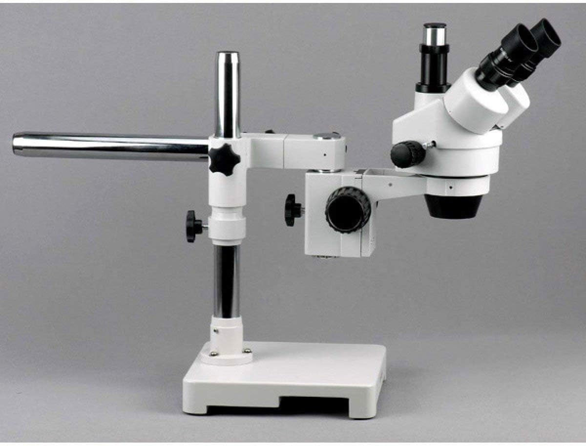 SM-3T Professional Trinocular Stereo Zoom Microscope, Wh10X Eyepieces, 7X-45X Magnification, 0.7X-4.5X Zoom Objective, Ambient Lighting, Single-Arm Boom Stand