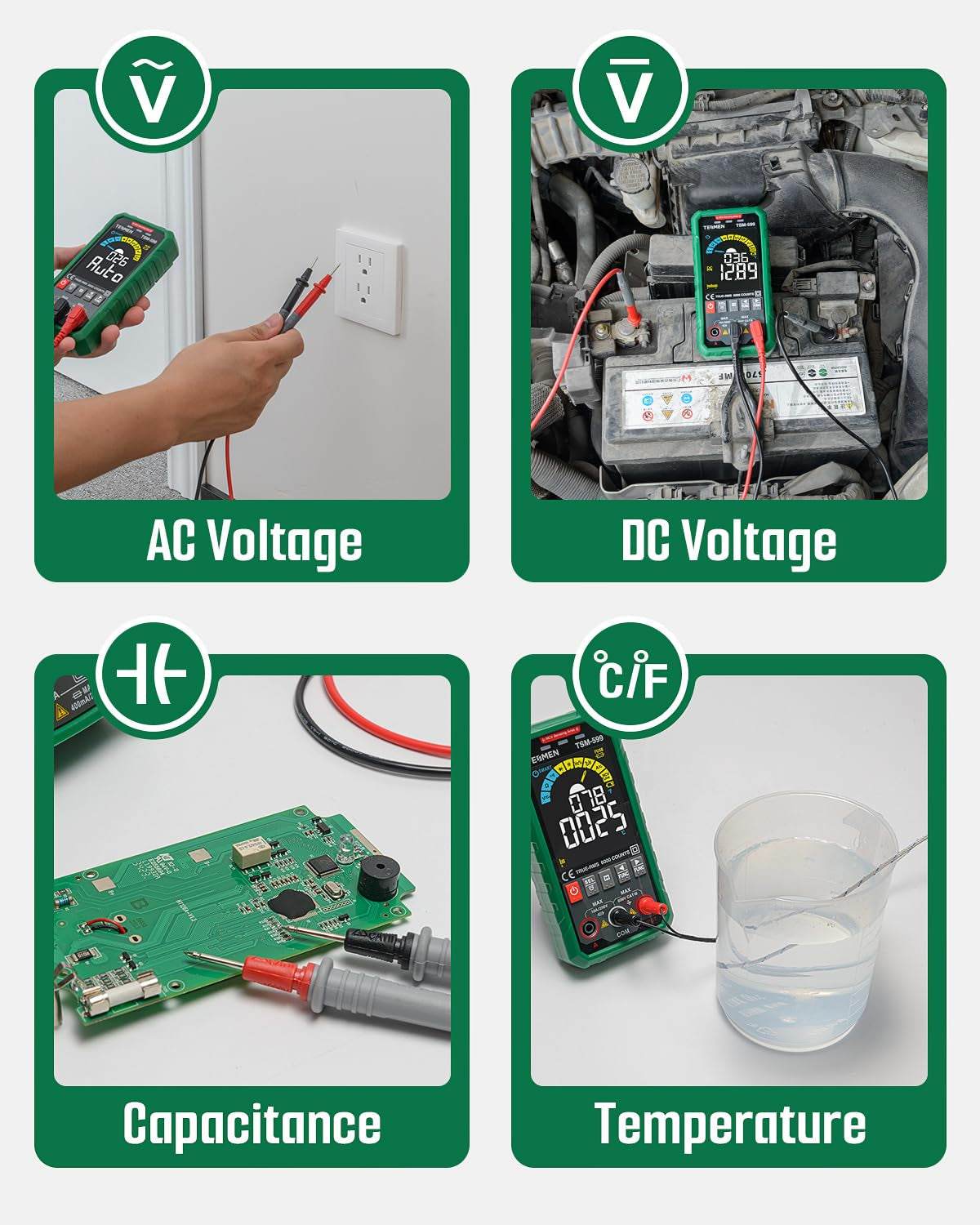 TSM-599 Smart Digital Multimeter, TRMS 6000 Counts, Voltage Tester, Volt Meter with NCV, DC/AC Voltage&Current, Resistance, Continuity, Diode, Capacitance, Hz%, Temperature, Live Wire - Green