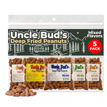 Uncle Bud'S Deep Fried Peanuts in Shell (5 Pack), Peanuts Individual Packs: Salted, Cajun, Garlic, Hot, Old Bay, Bacon BBQ, Crunchy Flavored Peanut Variety Pack, Spicy Peanuts, Hot Peanuts in Shell