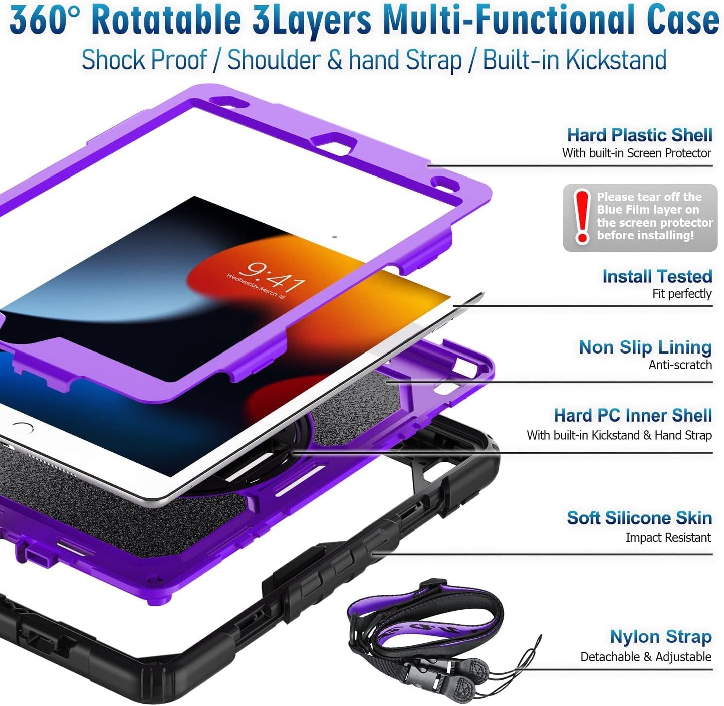 Case for Ipad 9Th/ 8Th/ 7Th Generation 10.2 Inch (Case for Ipad 9/8/ 7 Gen): with Strong Protection, Screen Protector, Hand/Shoulder Strap, Rotating Stand, Pencil Holder - Purple