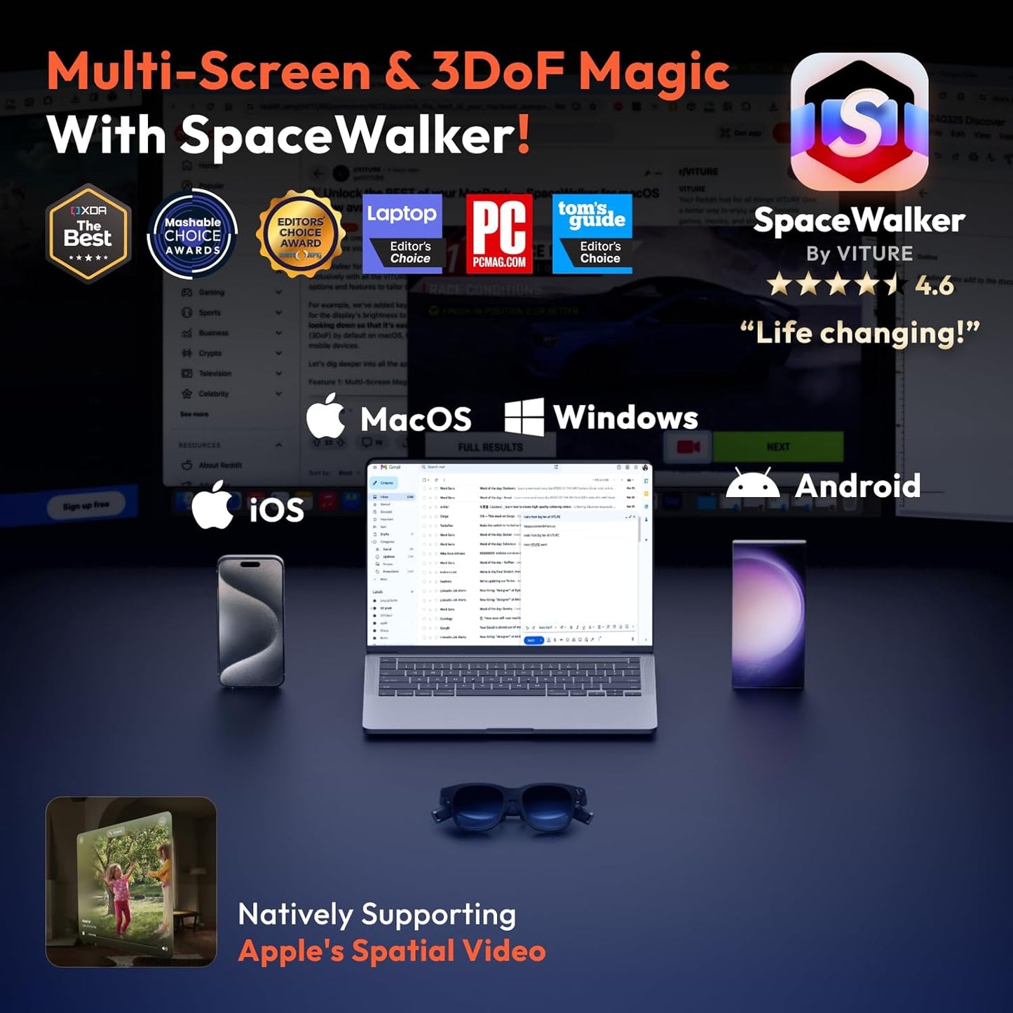 Pro XR/AR Glasses — 135" 120Hz 1000Nits Ultraclarity Display, Harman Audio, Myopia Adjustments, Electrochromic Film, Video Display Glasses for Iphone 16/15/Android/Mac/Pc/Steam Deck/Consoles