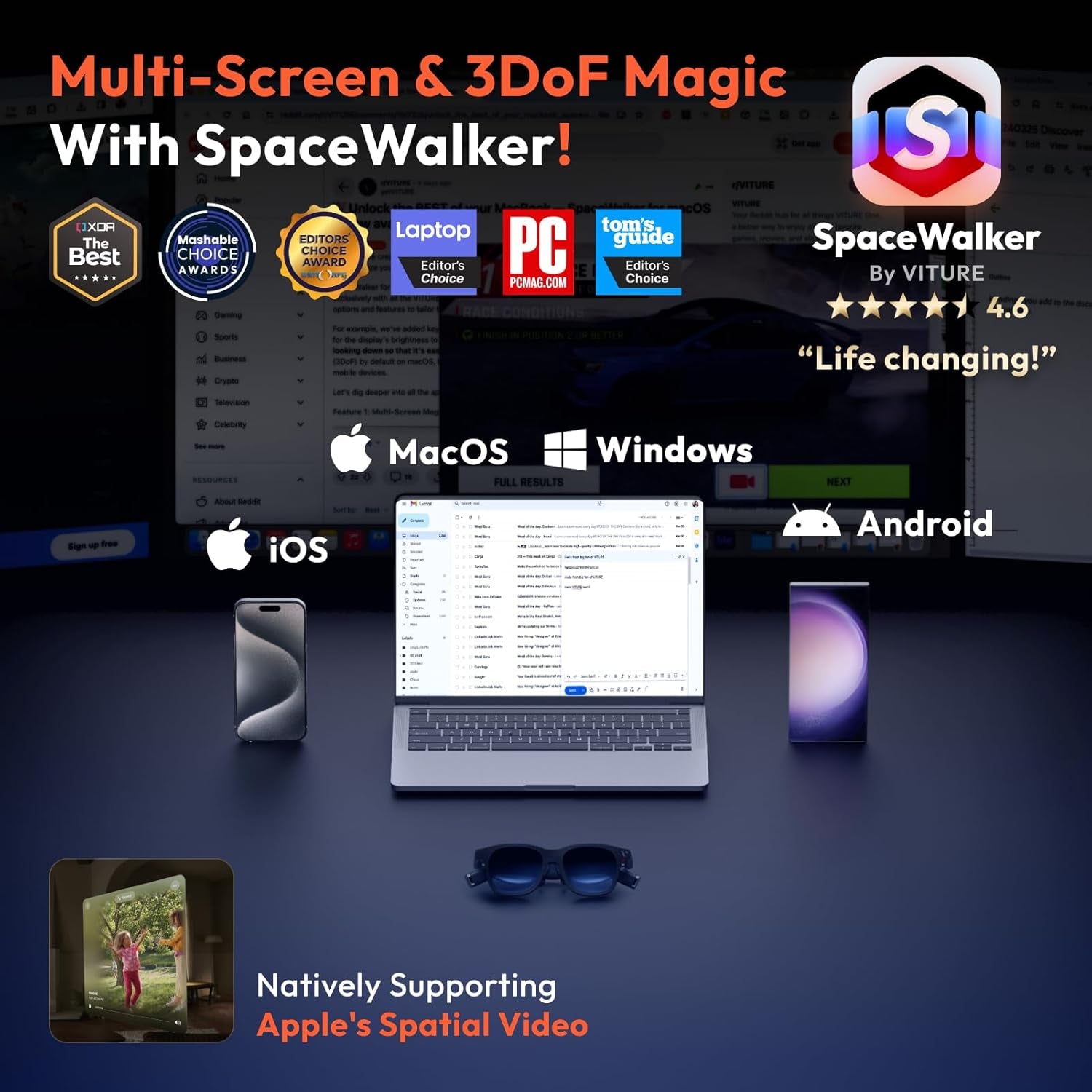 Pro XR/AR Glasses — 135" 120Hz 1000Nits Ultraclarity Display, Harman Audio, Myopia Adjustments, Electrochromic Film, Video Display Glasses for Iphone 16/15/Android/Mac/Pc/Steam Deck/Consoles