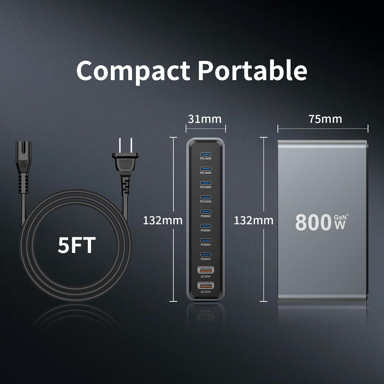 800W Gan III 10-Port USB-C Charging Station - Fast Charger for Laptops, Tablets, Smartphones, and More (Black)