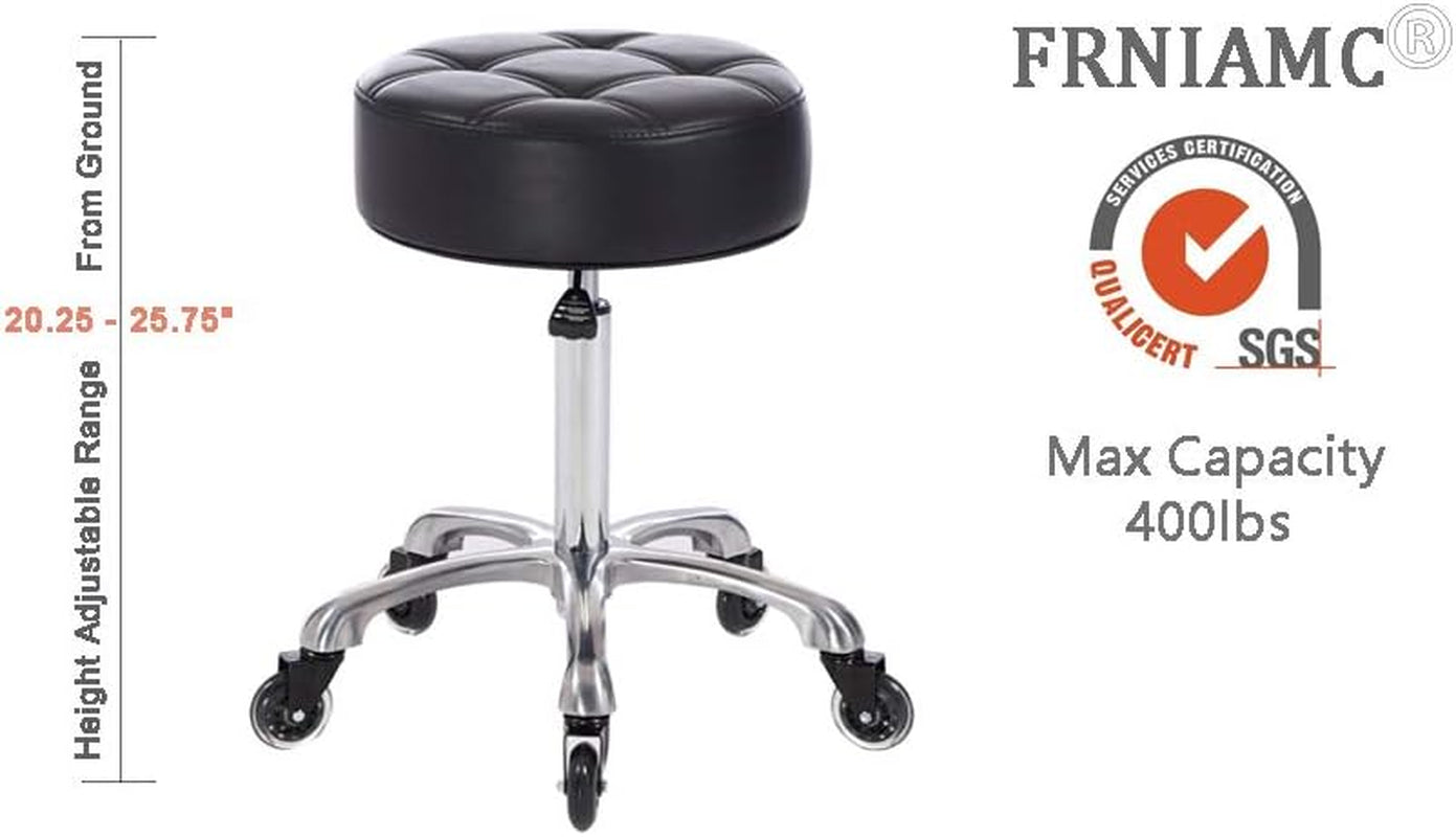 Rolling Salon Stool with Wider round Seat- Height Adjustable Heavy-Duty Chair with Wheels for Salon Esthetician and Home Office Use (With Soft Wheels, Black)