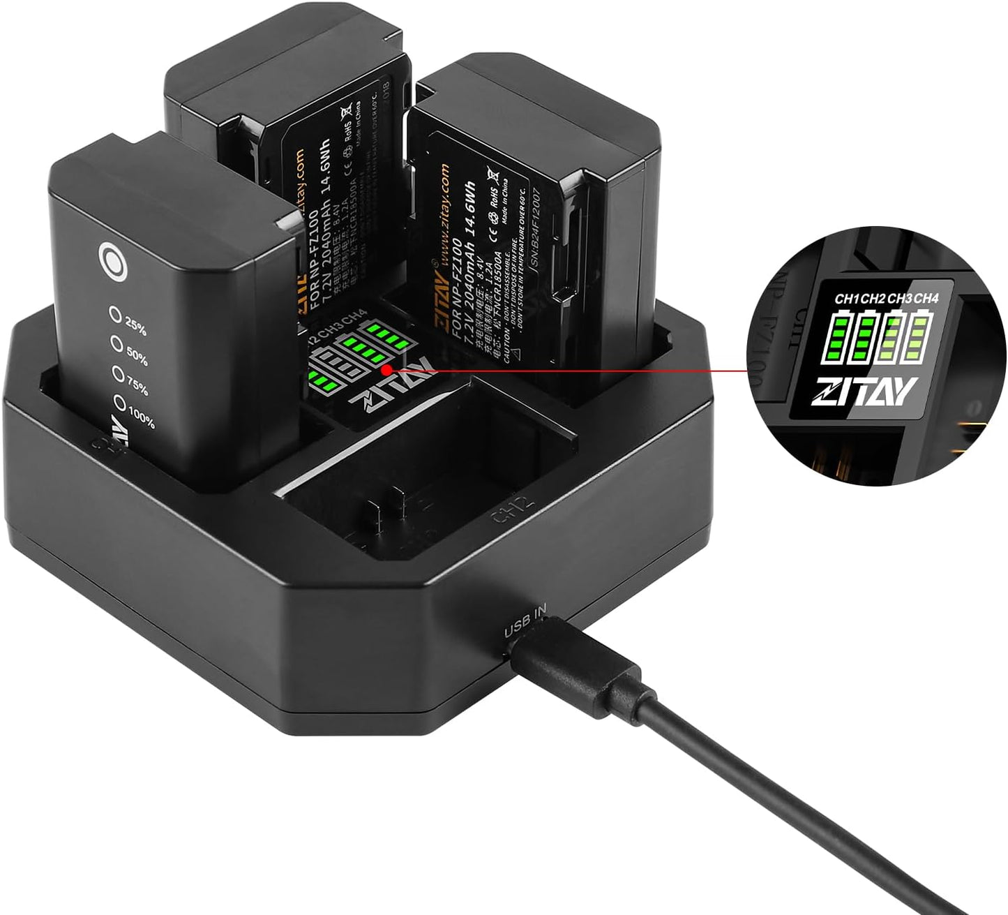 4-Channel Type C Fast Charging Station with PD 65W Quick Charger Adapter for Sony NP-FZ100 Batteries,Compatible with Sony A9 A7III A7RIII Cameras,With LCD Display (Kit)