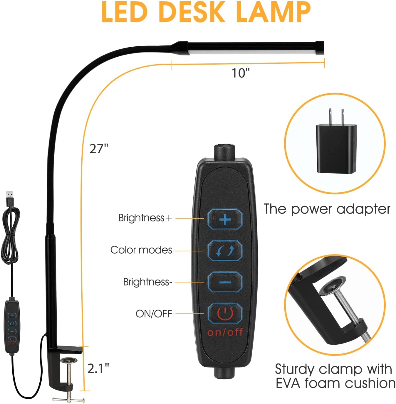 LED Desk Lamp with Clamp, Eye-Caring Clip on Lights for Home Office, 3 Modes 10 Brightness, Long Flexible Gooseneck,Metal, Swing Arm Architect Task Table Lamps with USB Adapter, Black